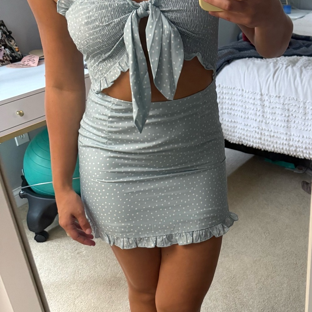 Kittenish Blue Mini Pencil Dress with Tie Front Ruffles